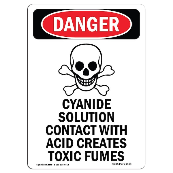 Safety Sign, OSHA Danger, 5" Height, Cyanide Solution Contact, Portrait, 10PK